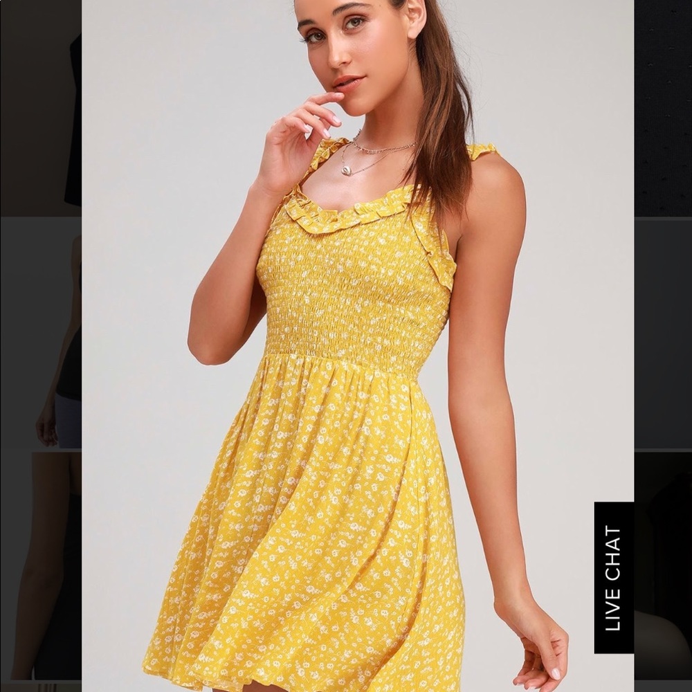 Lulus Mellie Golden Floral Smocked Mini Dress